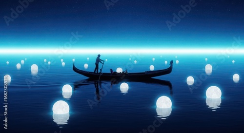 Mysterious gondola journey under a sky of floating lights serene nighttime aquatic adventure with luminous orbs silhouette