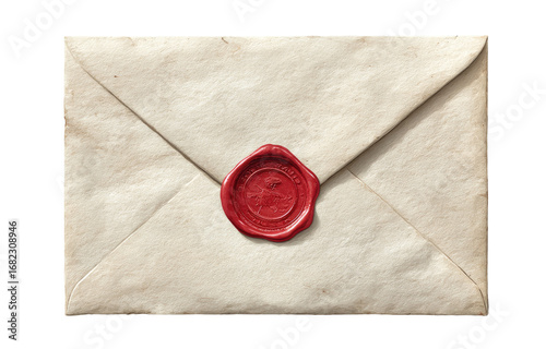 Aged, cream-colored envelope, sealed with red wax