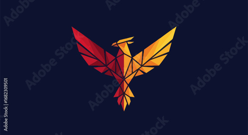 Geometric phoenix bird with low poly origami design.