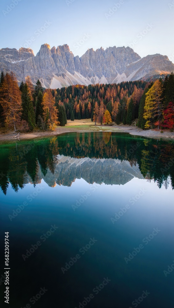Obraz premium Mountain Lake Reflection of Autumn Trees and Peaks