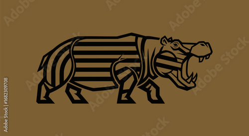 Striking illustration of a hippopotamus with bold striped design.