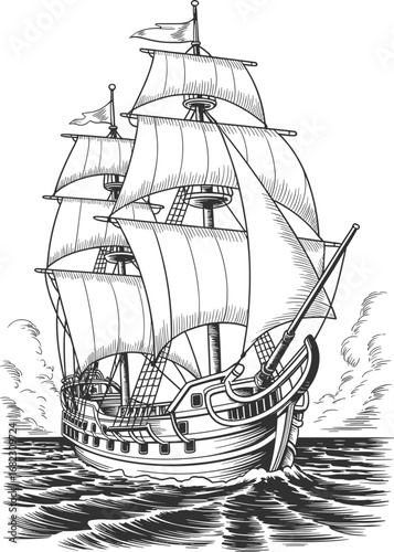 Vintage sailing ship with full sails on water, detailed maritime vessel illustration, classic wooden boat, hand-drawn nautical ship, historical sailing ship artwork, ocean waves drawing