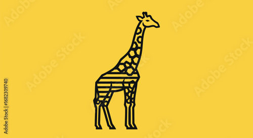 Stylized giraffe outline with horizontal stripes on a yellow background.