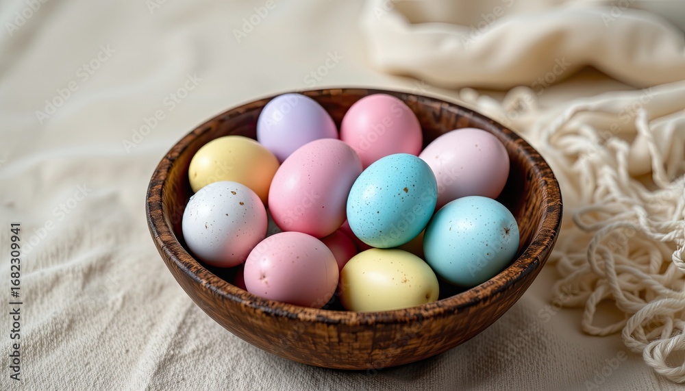 Fototapeta premium Colorful Decorative Easter Eggs in Wooden Bowl on Soft Beige Background