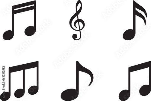Music icons set in flat black silhouette vector design for audio illustration bundle, Musical note icons