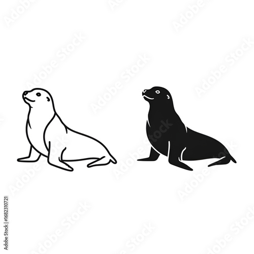 Clean outline and silhouette sea lion icons for aquatic wildlife design use