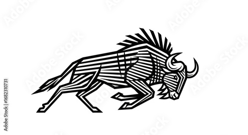 Stylized graphic illustration of a running wildebeest with bold stripes.