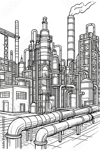Intricate black and white line art depicts a vast industrial complex with pipes, smokestacks, and buildings, symbolizing manufacturing and production.