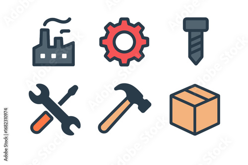 This clean vector illustration presents a vibrant collection of flat design icons, symbolizing key aspects of industry, mechanical tools, and logistics.