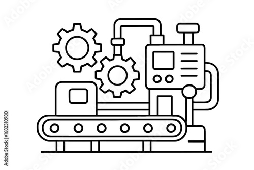 A clear line art illustration of an automated industrial production line with a conveyor belt, gears, and factory machinery, symbolizing modern manufacturing and process efficiency.