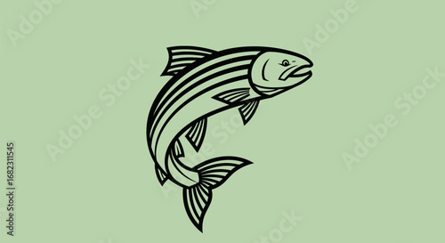 Stylized black and white jumping salmon fish illustration.