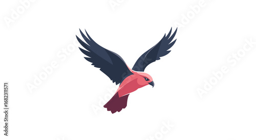 Stylized red and black bird of prey in flight illustration.