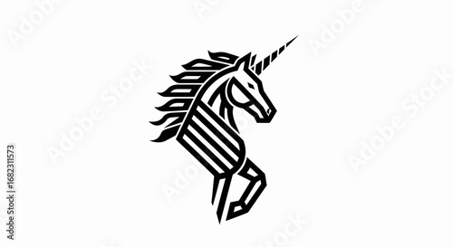 Stylized black and white striped unicorn logo design.