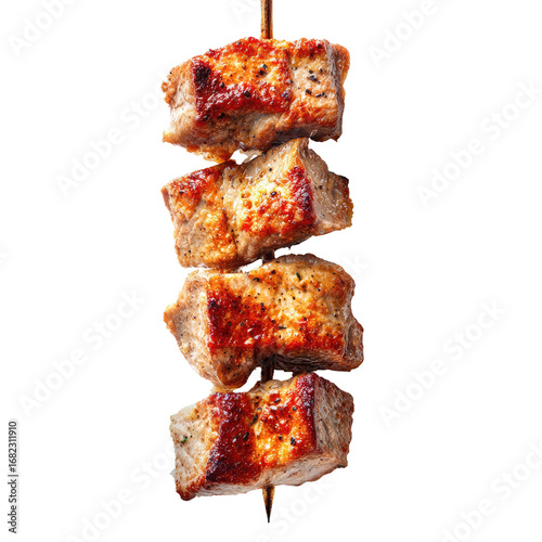 Four grilled pork cubes on a skewer.  Golden-brown, seasoned, and slightly crispy.  Vertical orientation, isolated against a black background