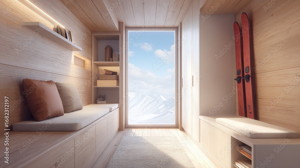 Obraz premium Luxury Ski Resort Experience During Winter Holiday Travel, Cozy interior with wooden walls, featuring skis and a stunning mountain view through the window.