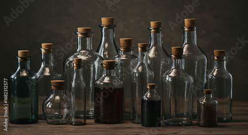 Wallpaper Mural Collection of empty glass bottles with cork stoppers arranged on a wooden surface Torontodigital.ca