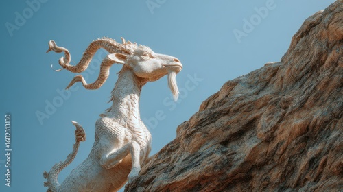White goat statue against rock