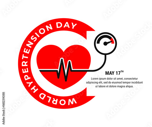 World Hypertension Day design template. Red heart with ribbon for icon, logo, label, seal, tag, sign, symbol, badge, stamp, sticker, emblem, banner, design, badges, labels, poster. Vector Illustration