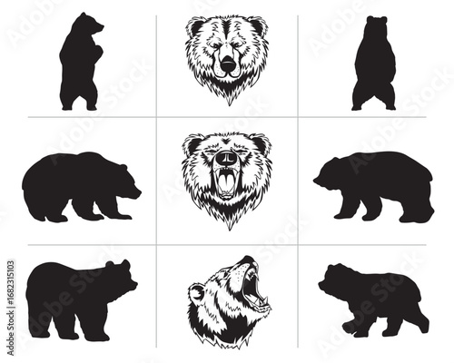 bear reech set collection pack bundle black shape icon silhouette vector flat illustration design on white background