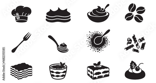 Silhouette Cake Icon Set Pastry, Dessert, Cream, Coffee Bean, Chef Hat, Fork & Spoon Vector Pack