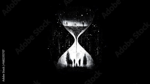 An hourglass with liquid time dripping away, surrounded by faint ghostly silhouettes, symbolizing fleeting moments of life.