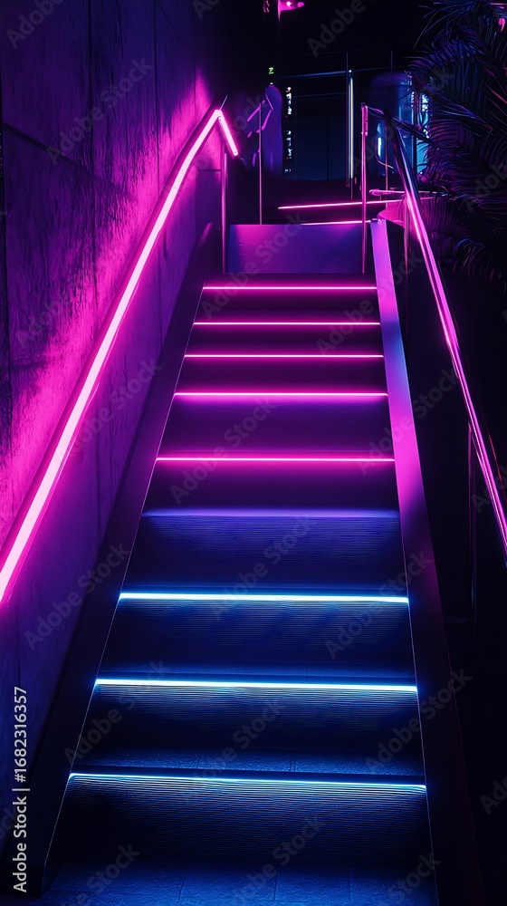 Fototapeta premium Ascend into vibrant nightlife with stunning neon illuminated staircase leading upwards