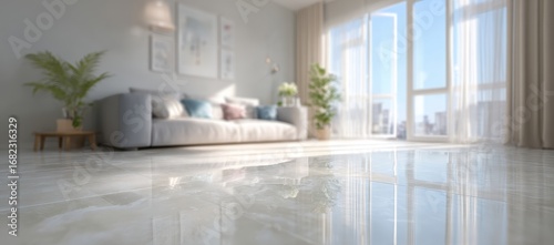 Light-filled, modern living room with polished marble flooring