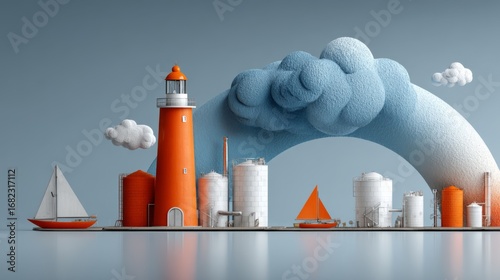Minimalist industrial harbor scene, 3D render style, in orange, white, and blue, representing commerce, environment, and navigation.