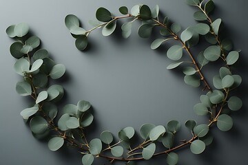 Fresh eucalyptus branches arranged in circular frame border on grey background with copy space - natural botanical design element