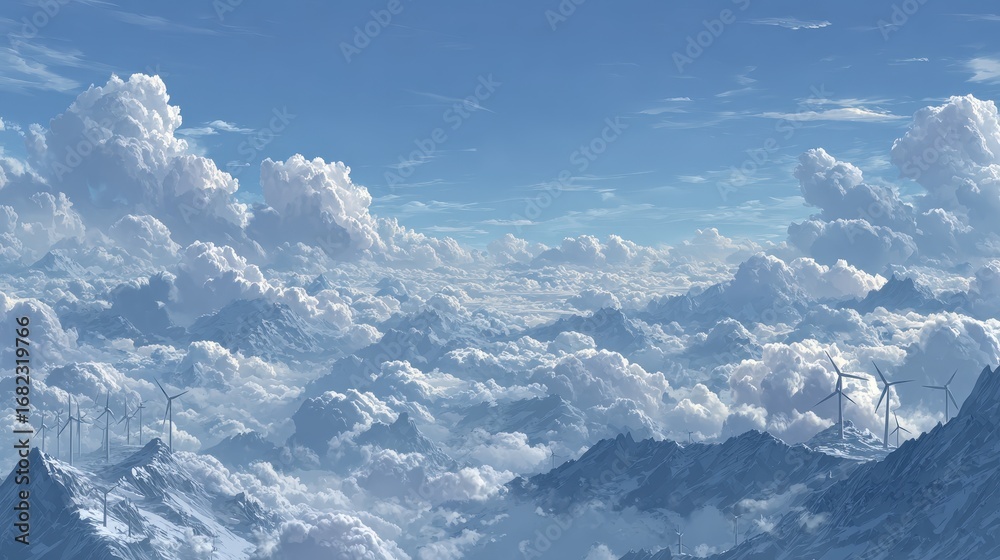 Fototapeta premium Serene Mountain Landscape with Clouds and Wind Turbines in Distance