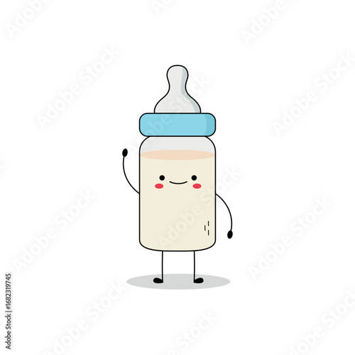 Cute baby milk bottle cartoon character waving hand hi doodle