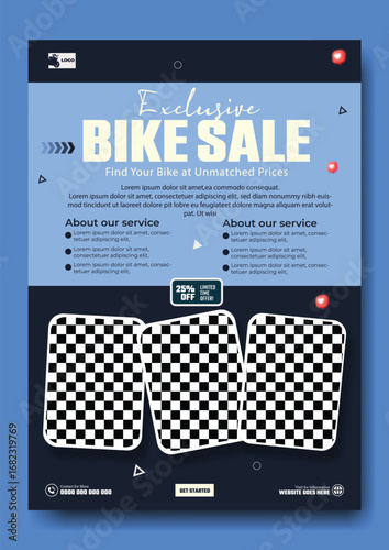 Retro style bicycle sale advertisement with checkered flag elements and bold typography promoting a special event