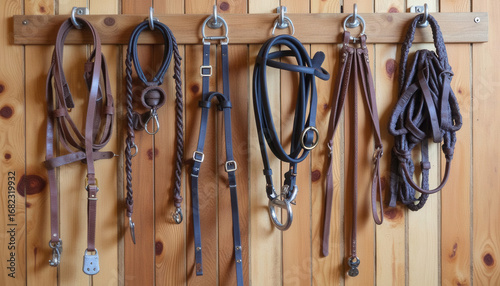 Leather horse tack hanging on wooden wall pegs in stable ambiance  