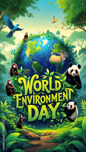 World Environment Day Poster with Dense Green Forest and Earth Surrounded by Animals and Birds, Eco Friendly Concept for Nature, Wildlife, and Sustainability