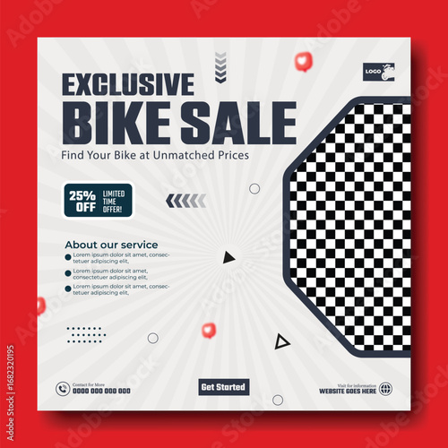 Exclusive bike sale announcement with bold typography and checkerboard pattern for sports and retail promotions