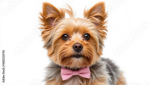 Stylish Yorkshire Terrier dog wearing a pink bow tie on white background  