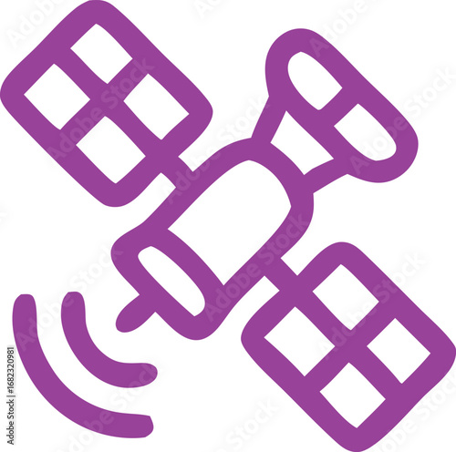 Satellite illustration with purple design and radio waves depicts modern tech in communication. Ideal for science, technology, and communication concepts.