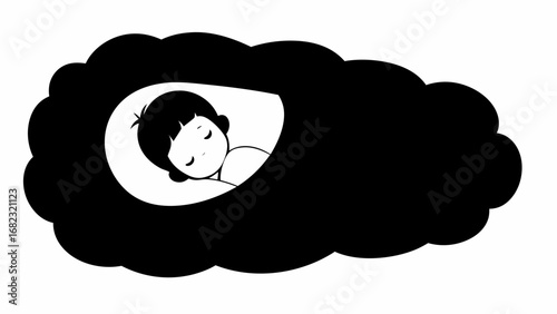 Illustration of a sleeping child nestled within a dark cloud shape on a white background scene design silhouette