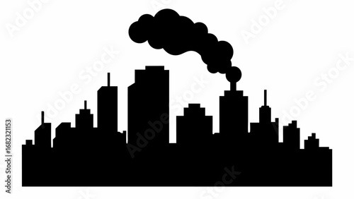Silhouette of a cityscape with tall buildings and smoke rising into the air on a white background view