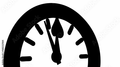 A black and white clock showing almost twelve o clock with two hands pointing towards the top center silhouette