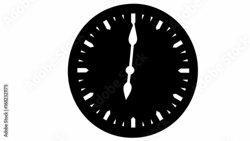 A black and white clock face showing the time as six o clock with detailed minute and hour hands visible silhouette