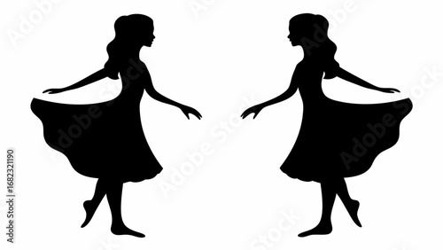 Two silhouetted women in dresses facing each other with arms outstretched in a mirrored symmetrical design