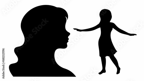 Silhouette of a woman's head and a woman in a dress with arms outstretched balancing on one foot