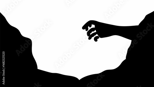 Silhouette of a hand reaching out from the right side with dark shapes on each side against white background