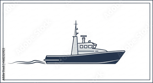 Illustration of a dark blue tugboat ship sailing on the water with white background vector graphic art