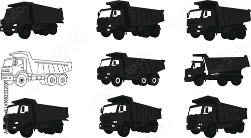 Set of dump truck vector illustrations, construction vehicles, heavy machinery, transportation icons, industrial truck silhouette collection for construction design