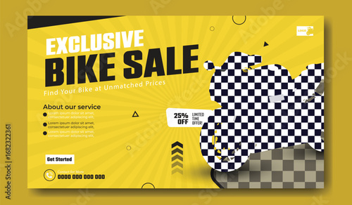 Exclusive bike sale announcement with bold typography and checkerboard pattern accents