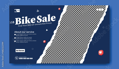 Dynamic bike sale announcement with racing flag motif and special offers on dark blue background