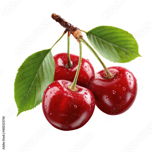 Close-up of three ripe cherries on a stem with leaves.  The cherries are glossy red and appear juicy.  Leaves are vibrant green.  Isolated on black