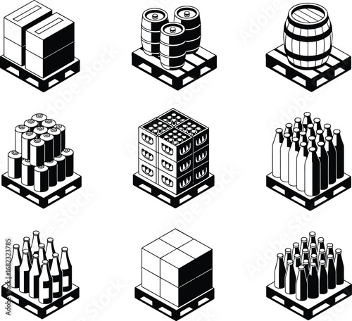 Palletized goods, stacked boxes, barrels, bottles, crates, warehouse storage, shipping, logistics, cargo, transport, inventory, packaging, distribution, supply chain, flat vector illustration